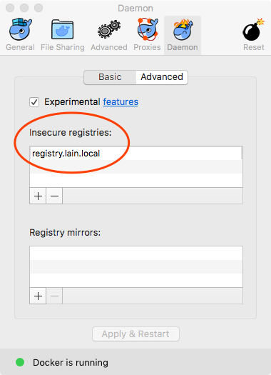 macOS 上的 insecure registries 配置示意图